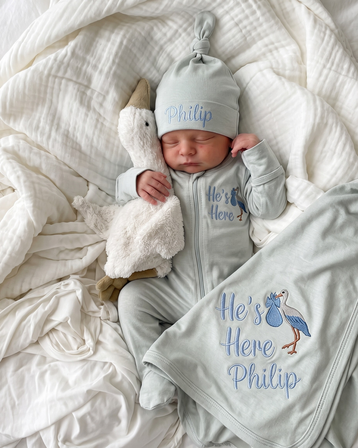 He's Here Embroidered Bamboo Welcome Home Bundle