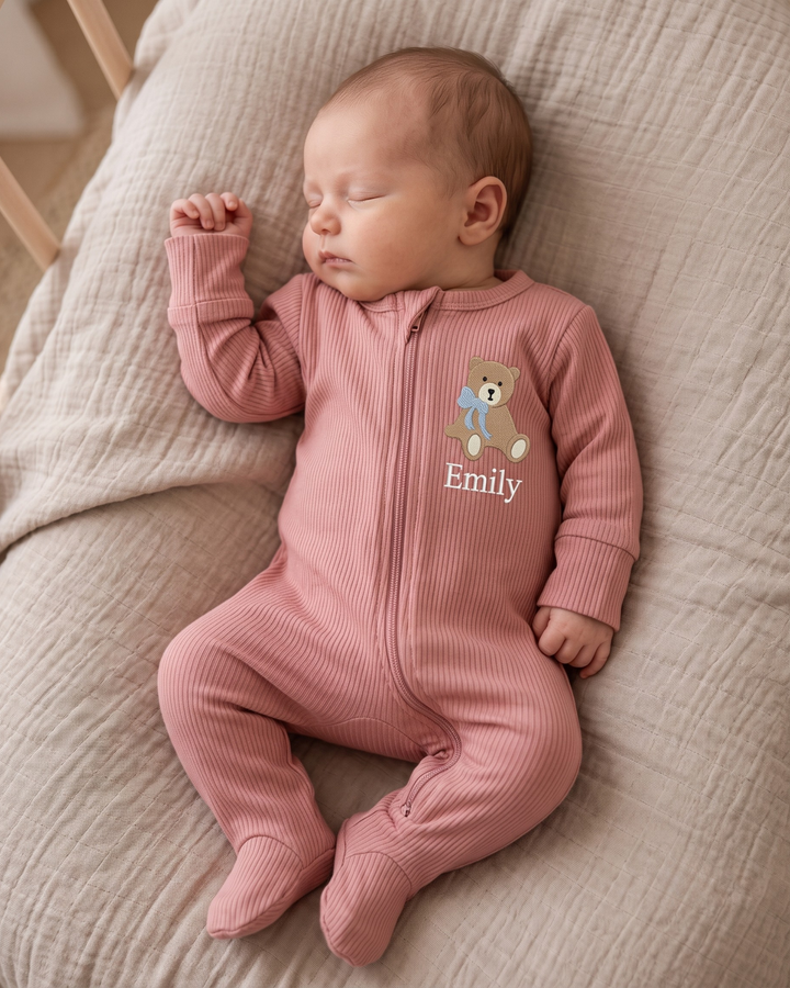 Personalized Teddy Bear Embroidered Ribbed Bamboo Zipper Footie