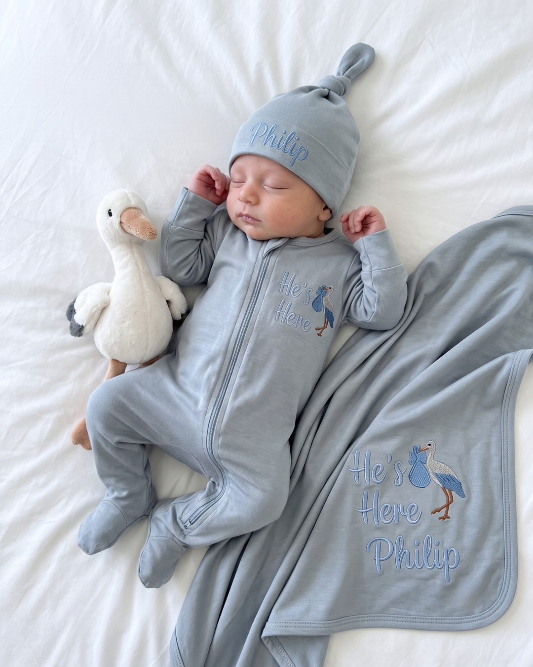 He's Here Embroidered Bamboo Welcome Home Bundle