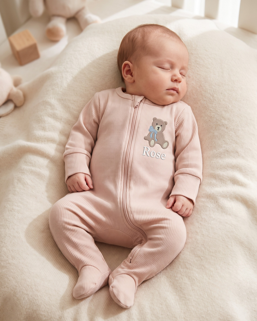 Personalized Teddy Bear Embroidered Ribbed Bamboo Zipper Footie