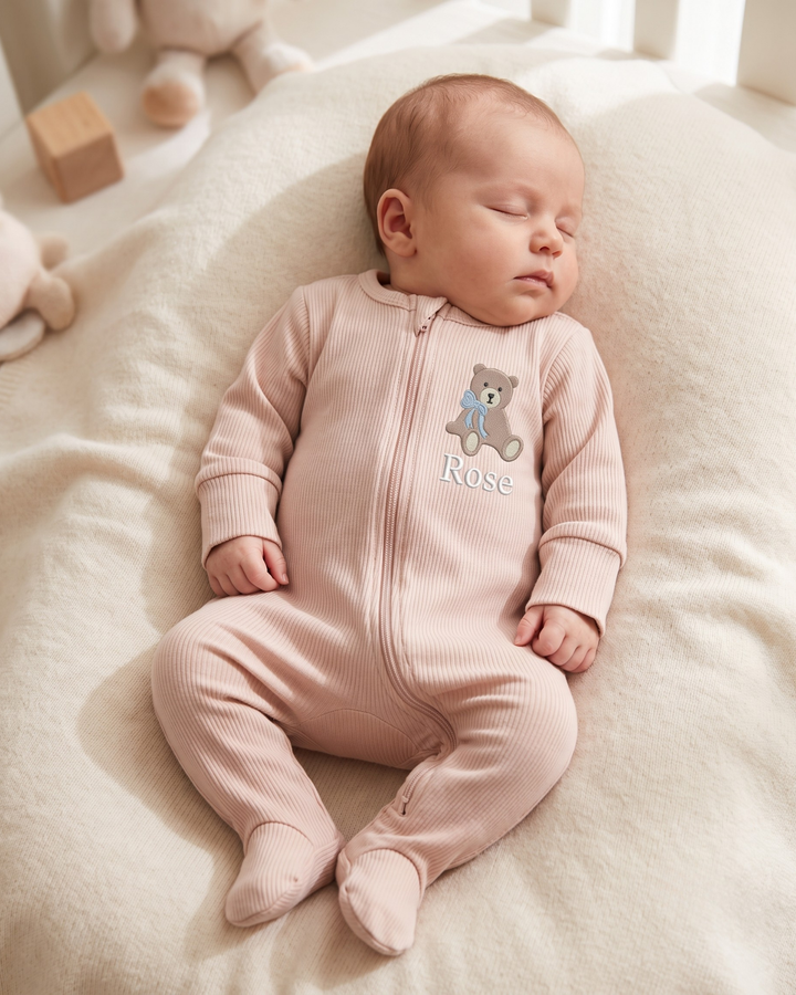 Personalized Teddy Bear Embroidered Ribbed Bamboo Zipper Footie