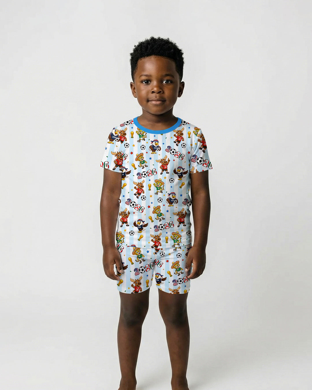 Striped Cute Mascots Soccer Cup 2026 Bamboo Two Piece Short Sleeve Shorts Pajama Set