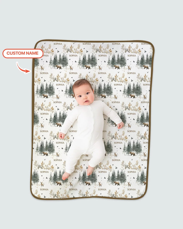 Manta de bambú personalizada con nombre, bosque, oso, ciervo