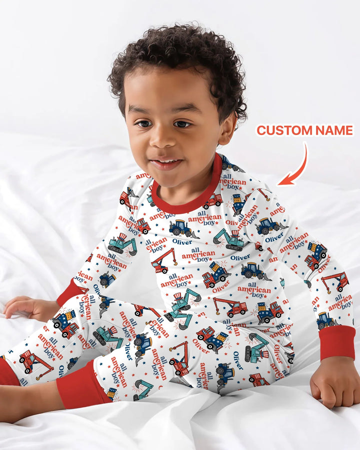 Custom Name All-American Boy Bamboo Two Piece Long Sleeve Pajama Set