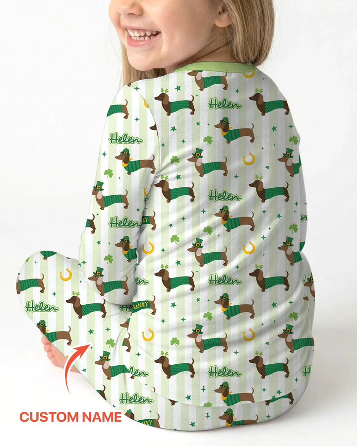 Lucky Dachshunds St. Patrick's Day Family Matching Two Piece Long Sleeve Pajama Set