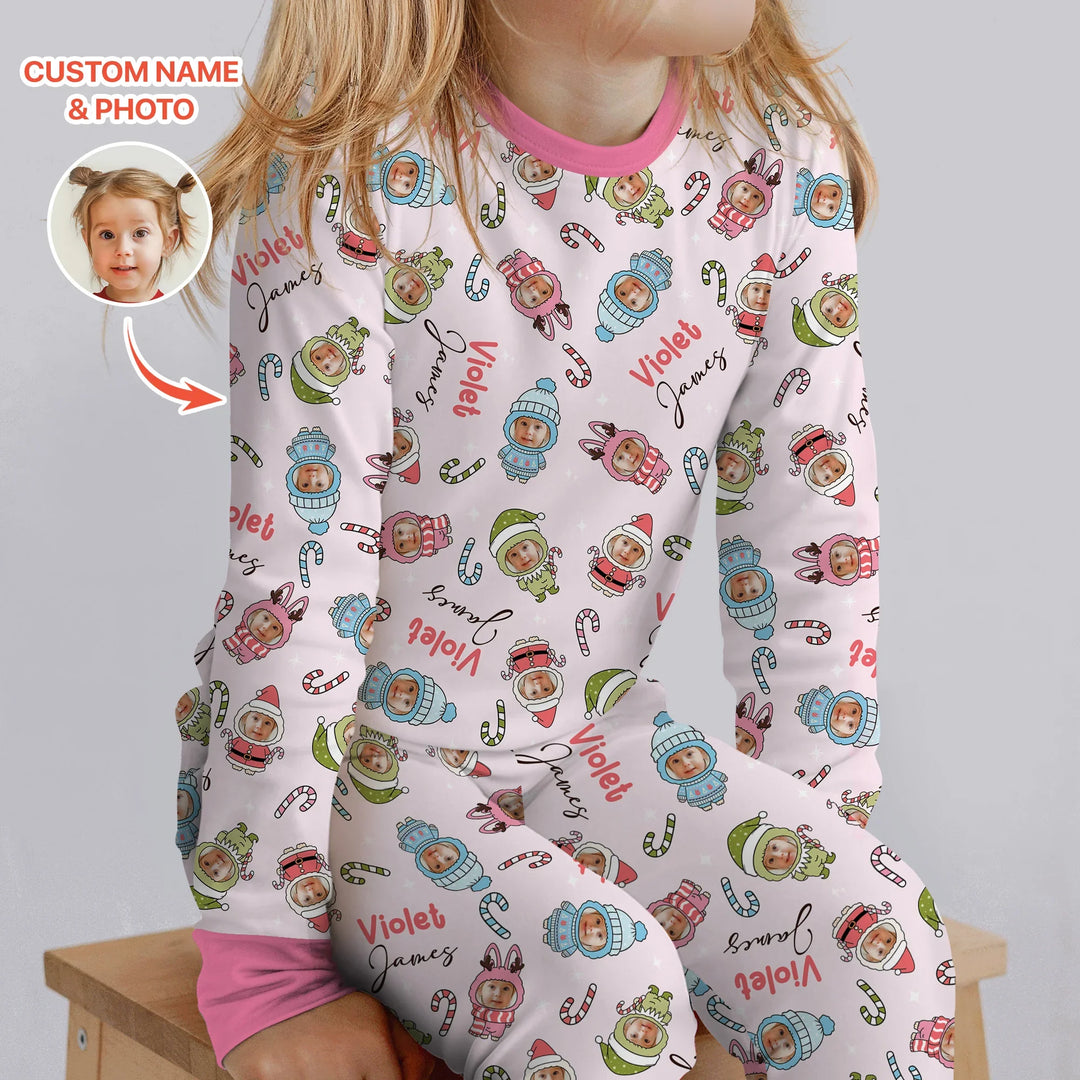 Custom Baby Photo Christmas Bear Two Piece Long Sleeve Pajama Set