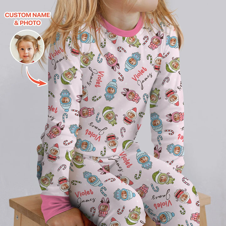 Custom Baby Photo Christmas Bear Two Piece Long Sleeve Pajama Set