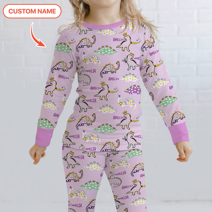 Custom Name Mardi Gras Saurus Two Piece Long Sleeve Pajama Set