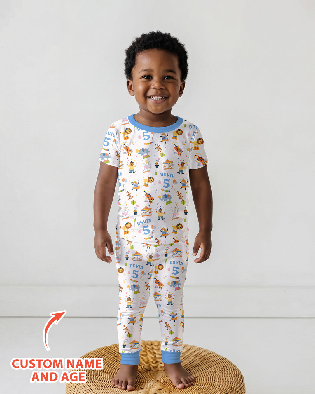 Custom Name Birthday Circus Bamboo Two Piece Short Sleeve Pajama Set