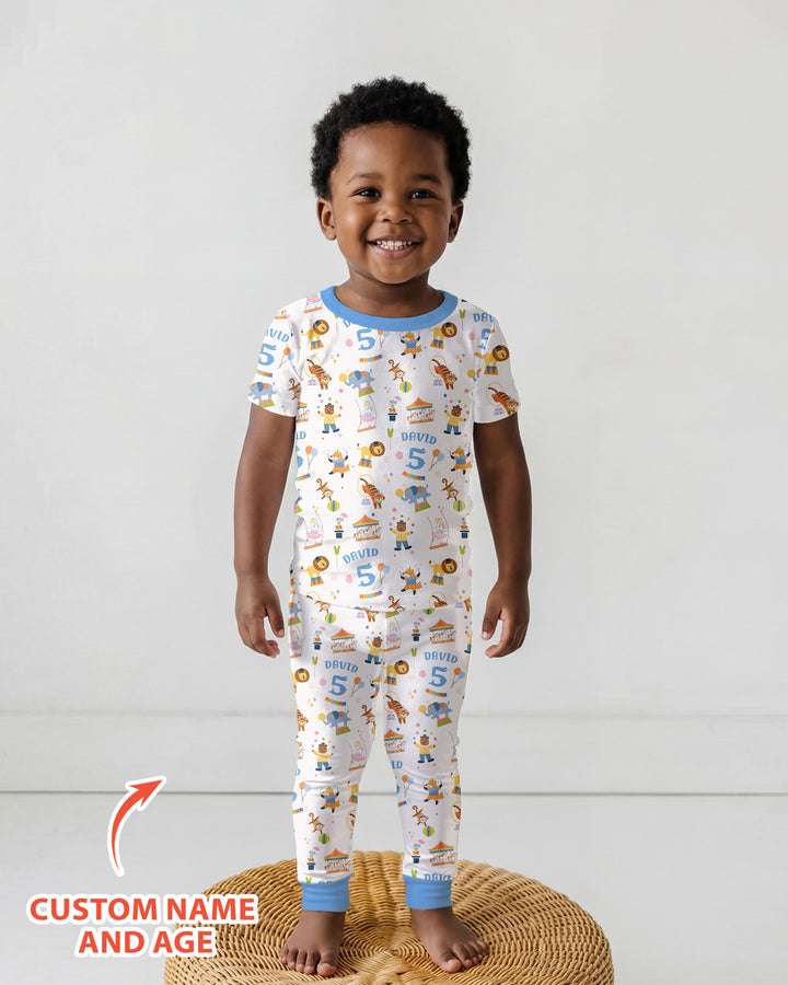 Custom Name Birthday Circus Bamboo Two Piece Short Sleeve Pajama Set