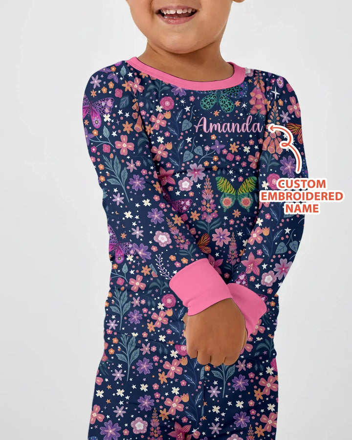 Custom Name Embroidered Colorful Butterfly Bamboo Two Piece Long Sleeve Pajama Set