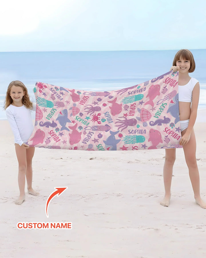 Custom Name Sea Life Kid Beach Towel