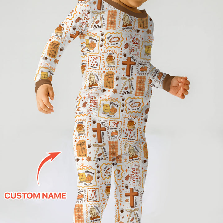 Custom Name I Am Thankful For Jesus Two Piece Long Sleeve Pajama Set , Custom Name I Am Thankful For Jesus Two Piece Long Sleeve Pajama Set - 12-18M