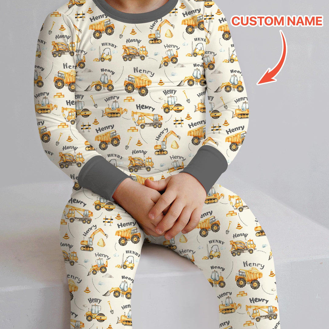 Constructions Machines Custom Name Two Piece Long Sleeve Pajama Set