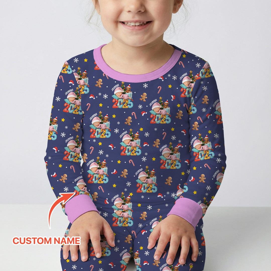 Custom Name Baby Girl's First Christmas  Two Piece Long Sleeve Pajama Set