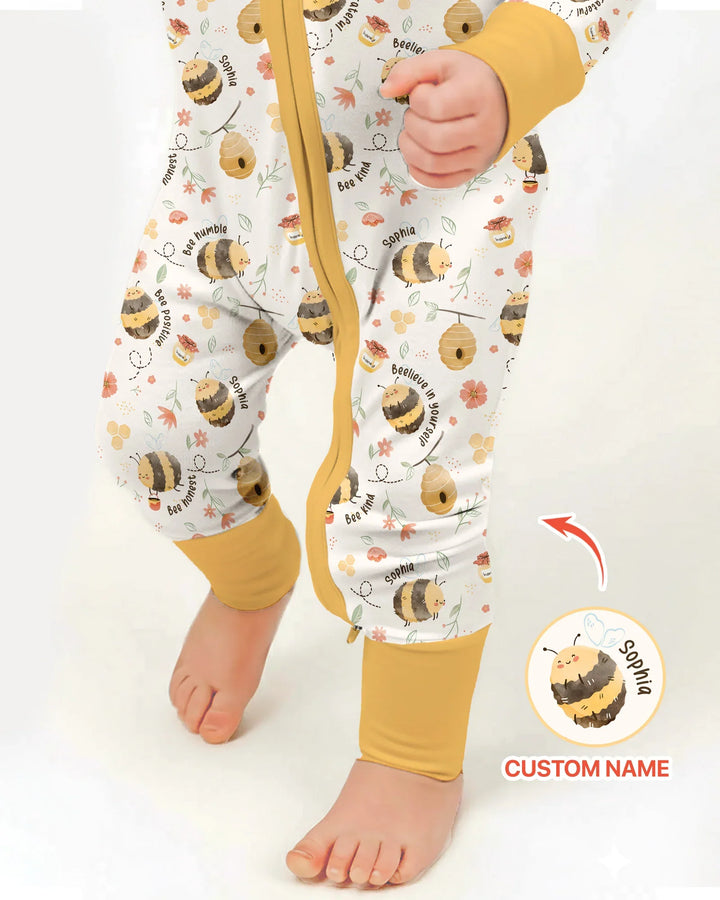 Mameluco convertible de bambú con cremallera y nombre personalizado Bee Kind