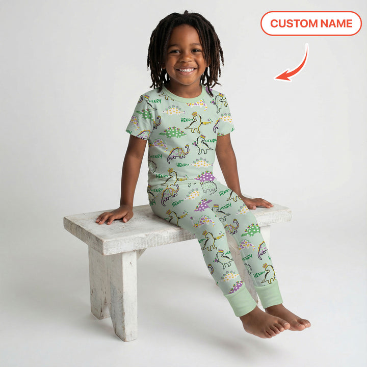 Custom Name Mardi Gras Saurus Two Piece Short Sleeve Pajama Set