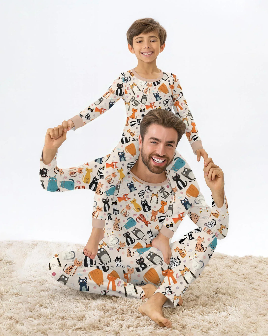 Pijama familiar de bambú para hombre a juego de la familia de gatos Goofy Mischief