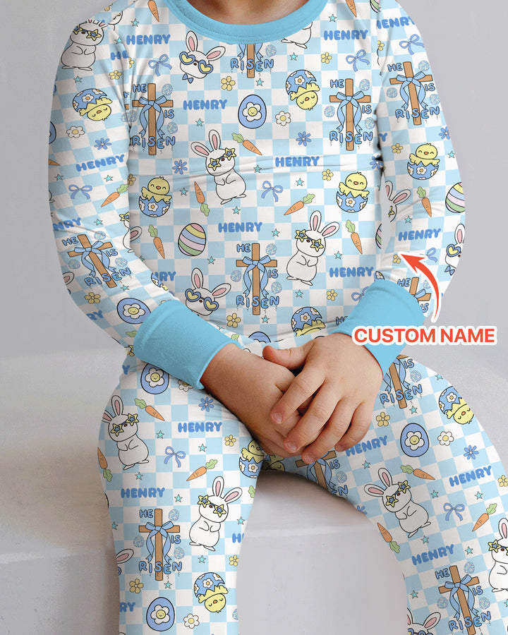 Custom Name Retro Easter Two Piece Long Sleeve Pajama Set