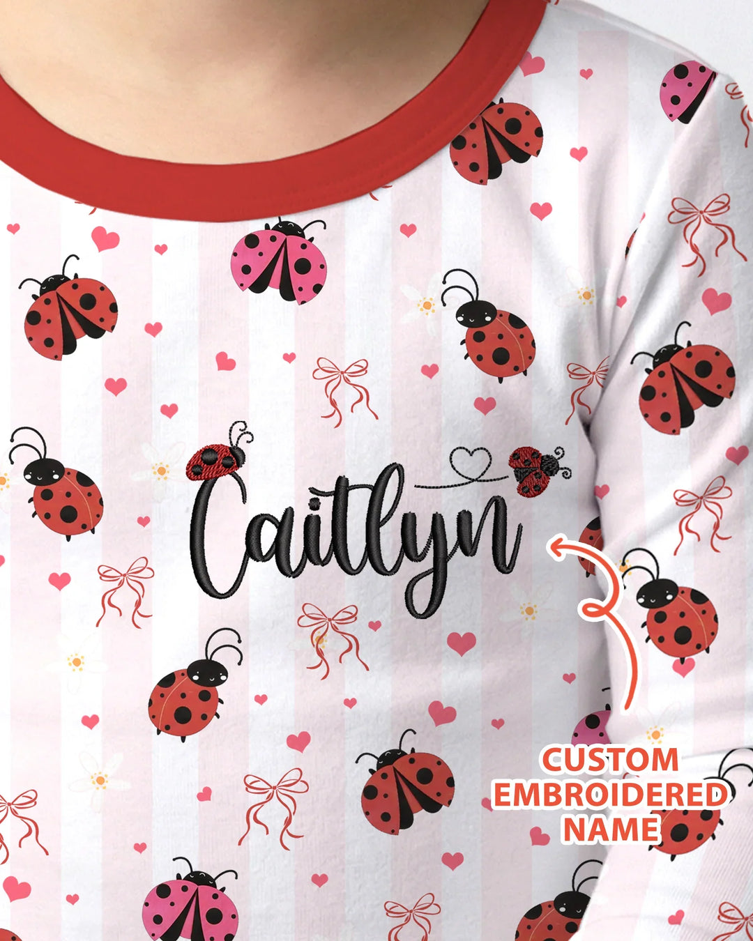 Custom Embroidered Name Ladybug Bamboo Two Piece Long Sleeve Pajama Set