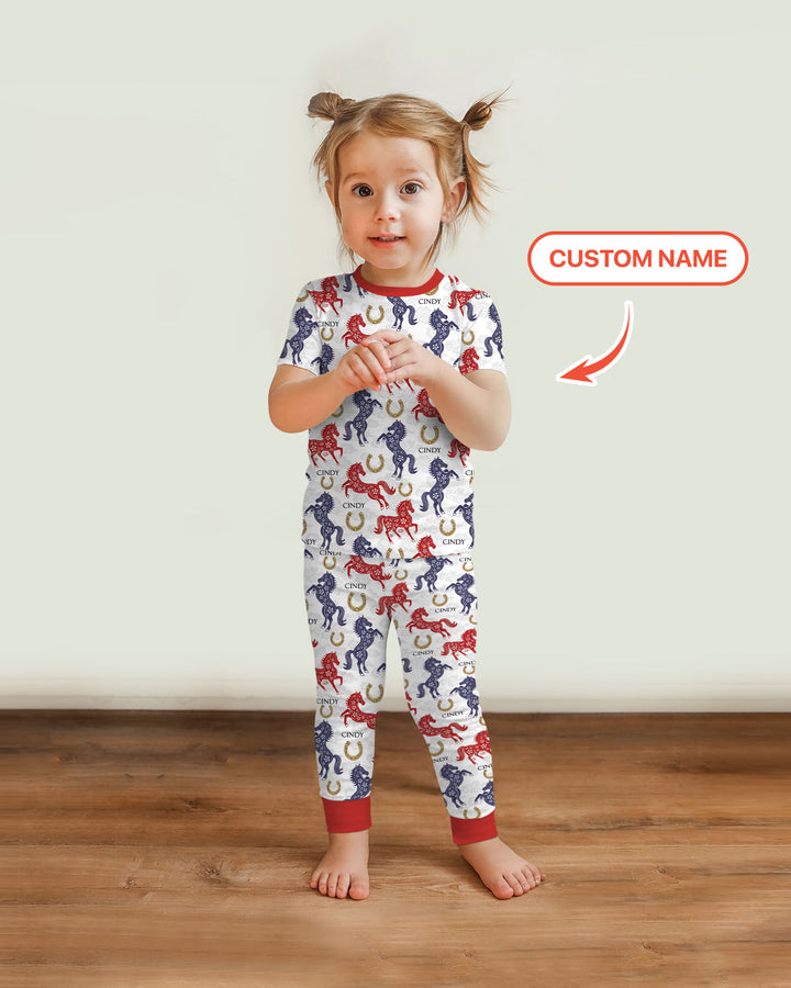 Custom Name Chinoiserie Horses Two Piece Short Sleeve Pajama Set