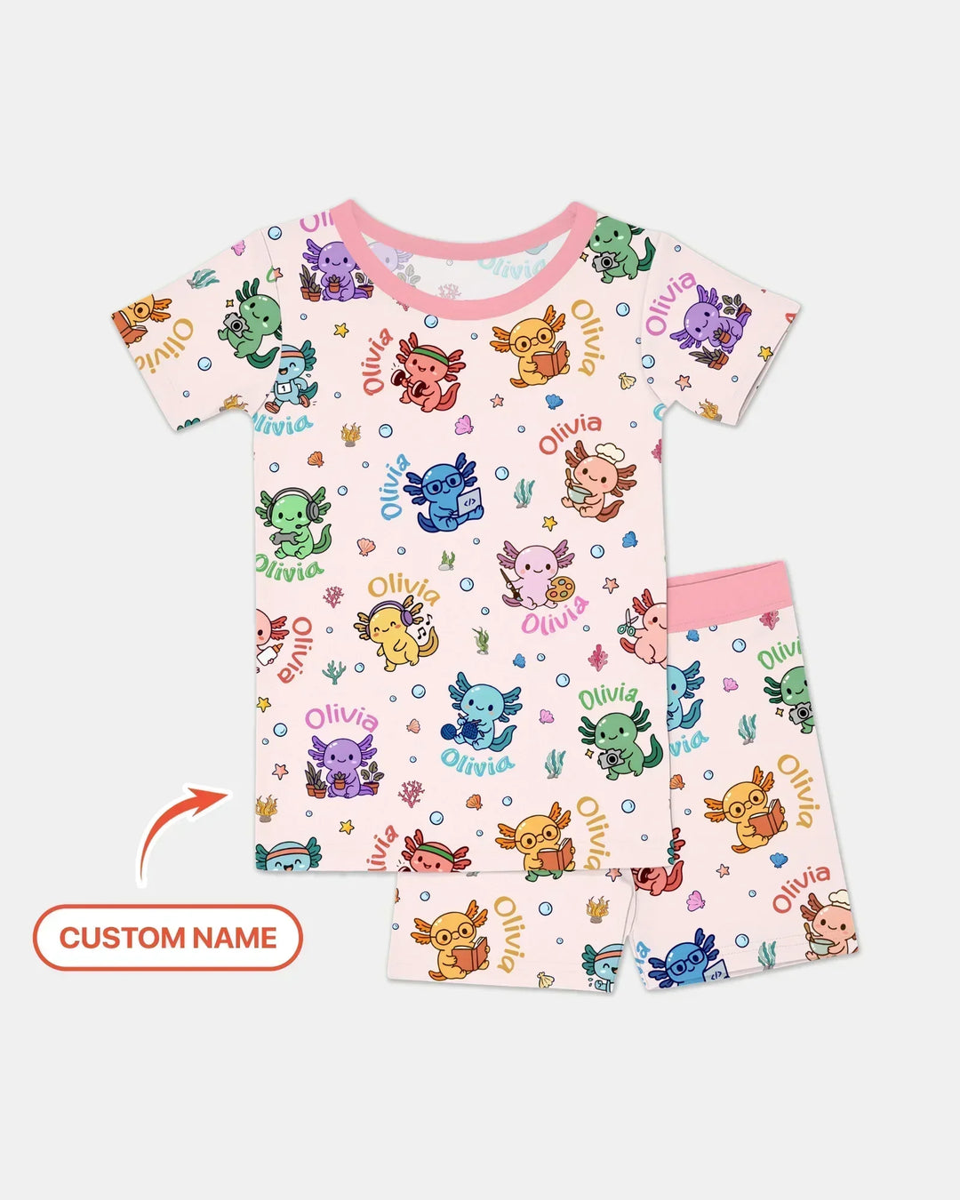 Custom Name Cute Hobby Axolotl Two Piece Short Sleeve Shorts Pajama Set
