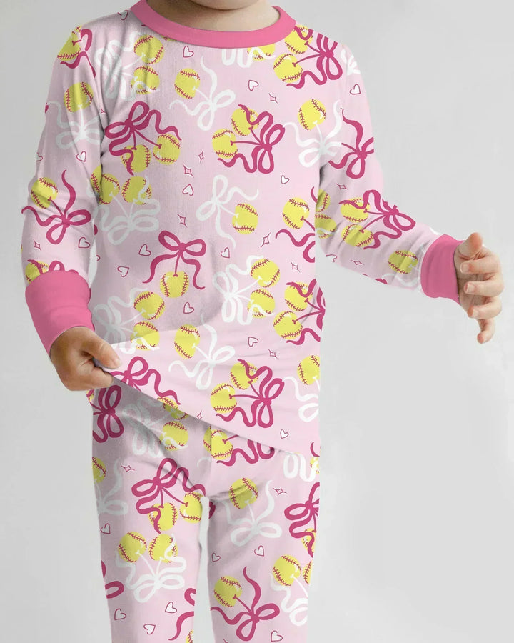 Softball Cherry Mom And Girl Matching Two Piece Long Sleeve Pajama Set