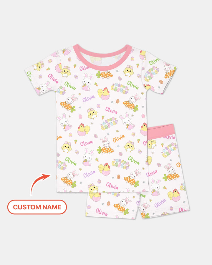 Custom name Happy Easter Two Piece Short Sleeve Shorts Pajama Set