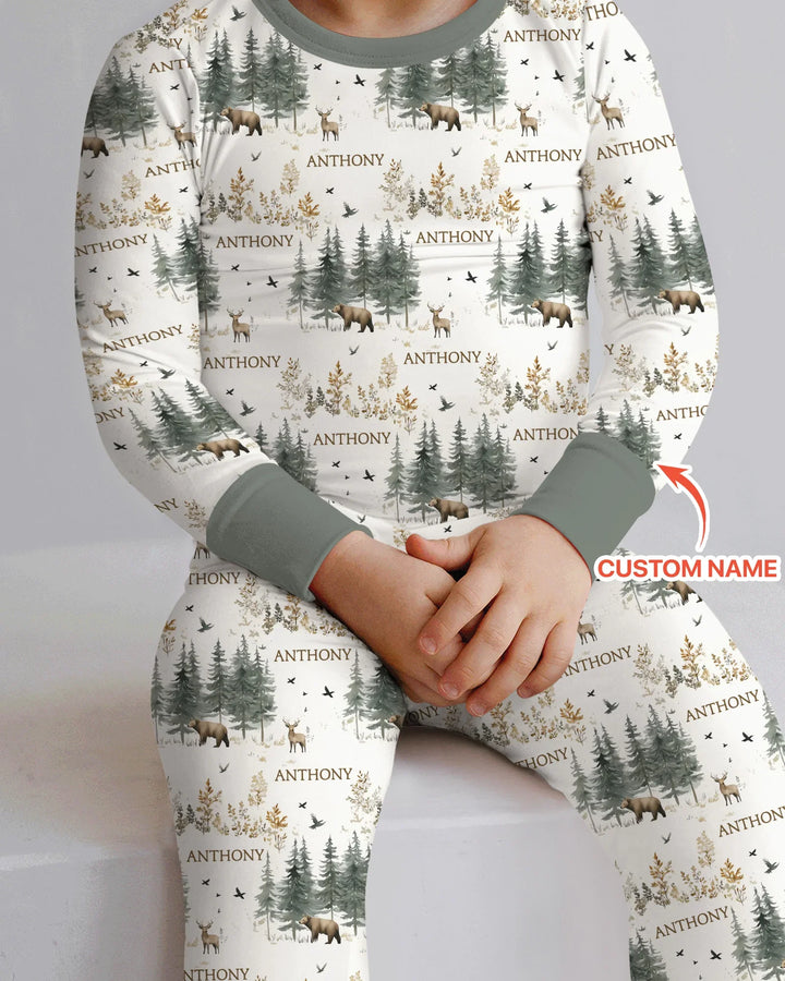 Custom Name Forest Bear Deer Bamboo Two Piece Long Sleeve Pajama Set