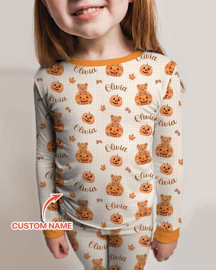 Custom Name Pumpkin Teddy Bamboo Two Piece Long Sleeve Pajama Set