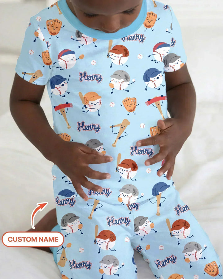 Custom Name Ballparl Family Matching Bamboo Two Piece Short Sleeve Pajama Set