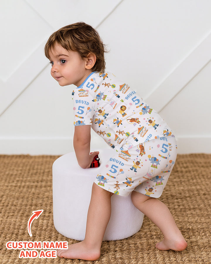 Custom Name Birthday Circus Bamboo Two Piece Short Sleeve Shorts Pajama Set
