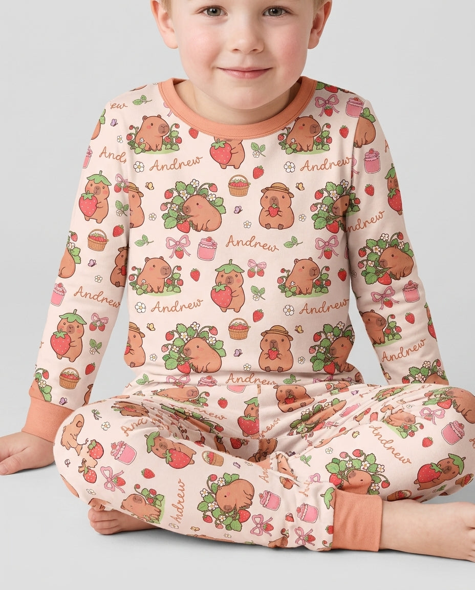 Custom Name Capybara Strawberry Bamboo Two Piece Long Sleeve Pajama Set
