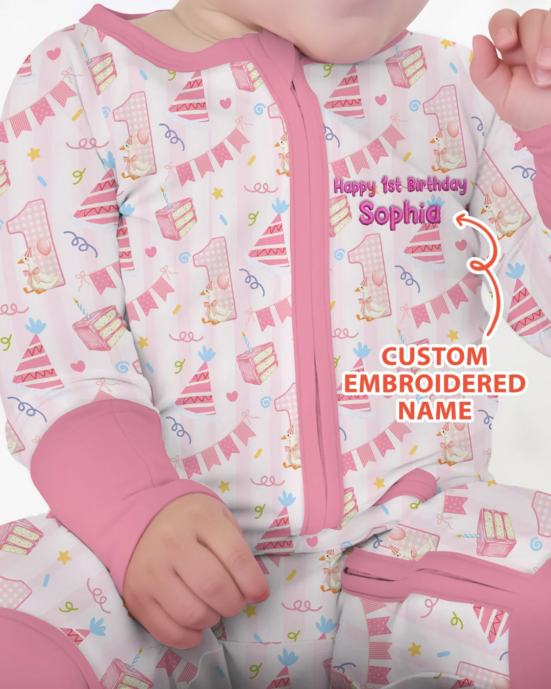1st Birthday Girl Embroidered Baby Bamboo Convertible Zippy