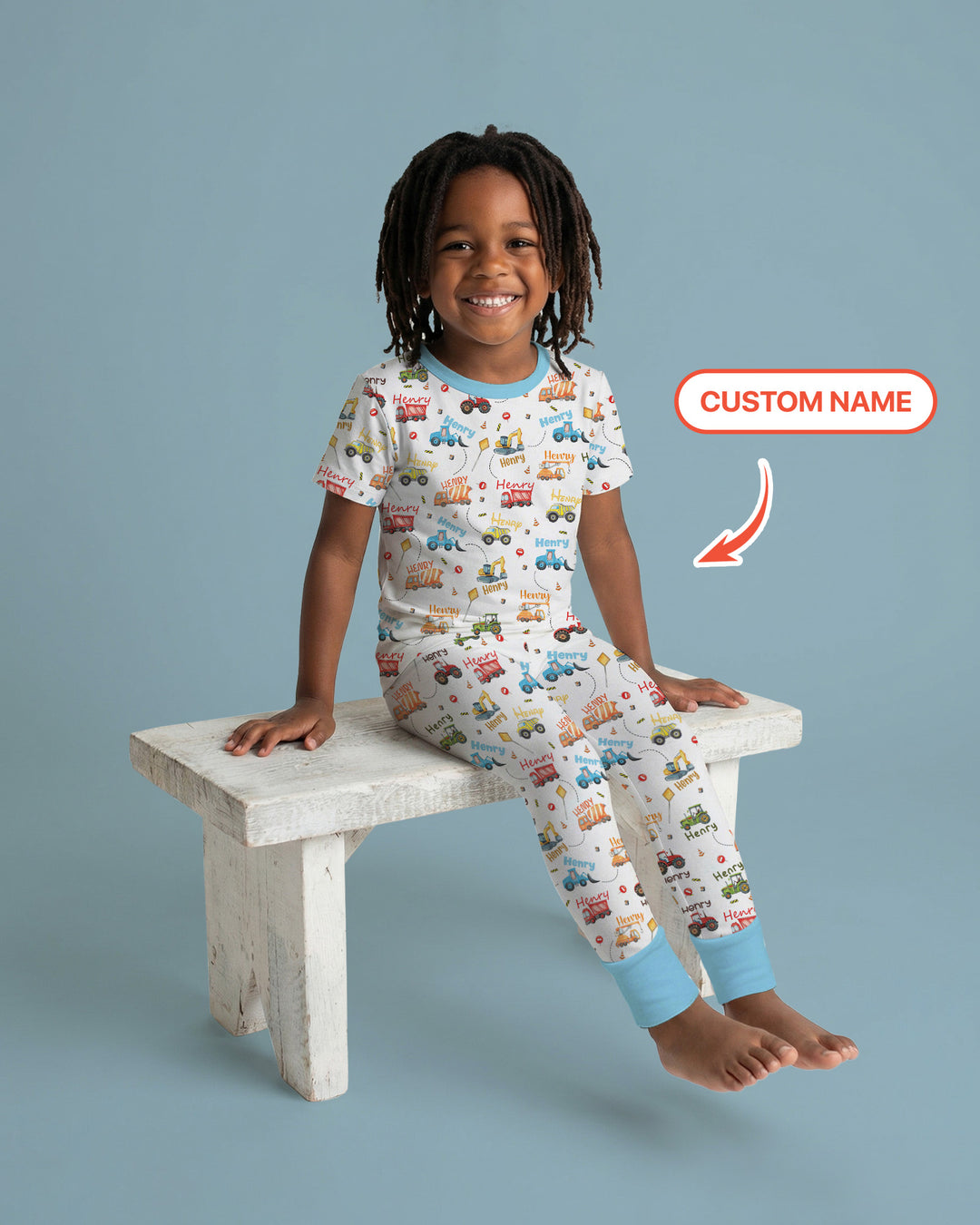 Construction Vehicles Custom Name Two Piece Short Sleeve Pajama Set