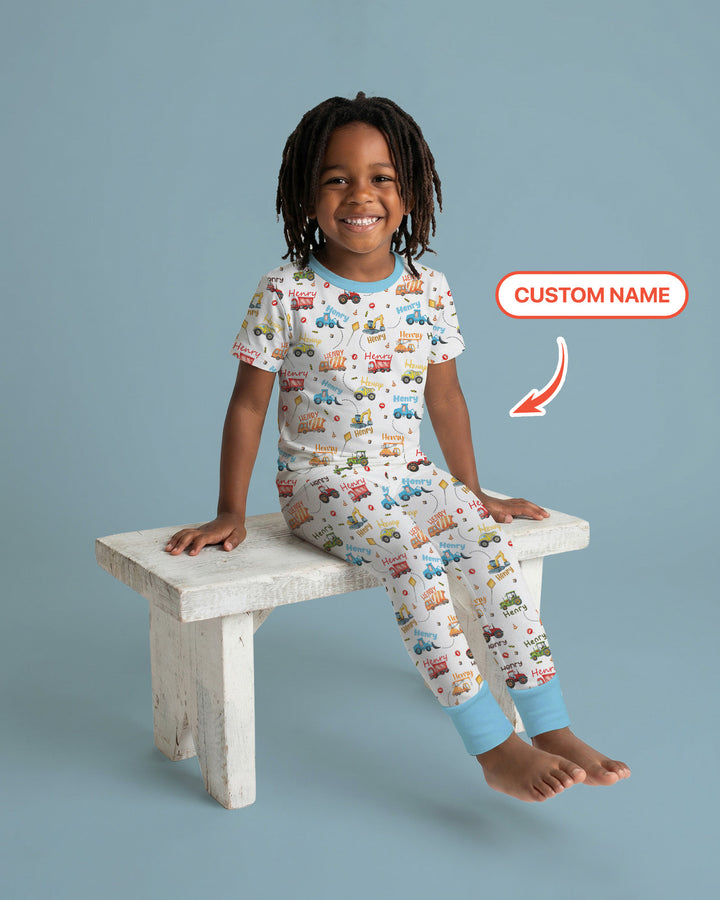 Construction Vehicles Custom Name Two Piece Short Sleeve Pajama Set