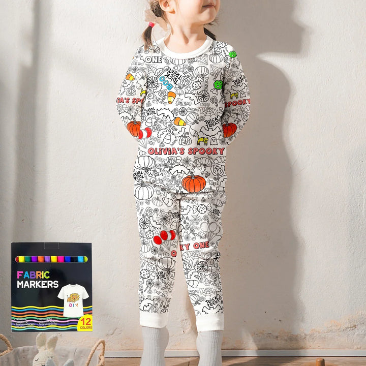 Custom Name Spooky Colorable Halloween Two Piece Long Sleeve Pajama Set , Custom Name Spooky Colorable Halloween Two Piece Long Sleeve Pajama Set - 3T