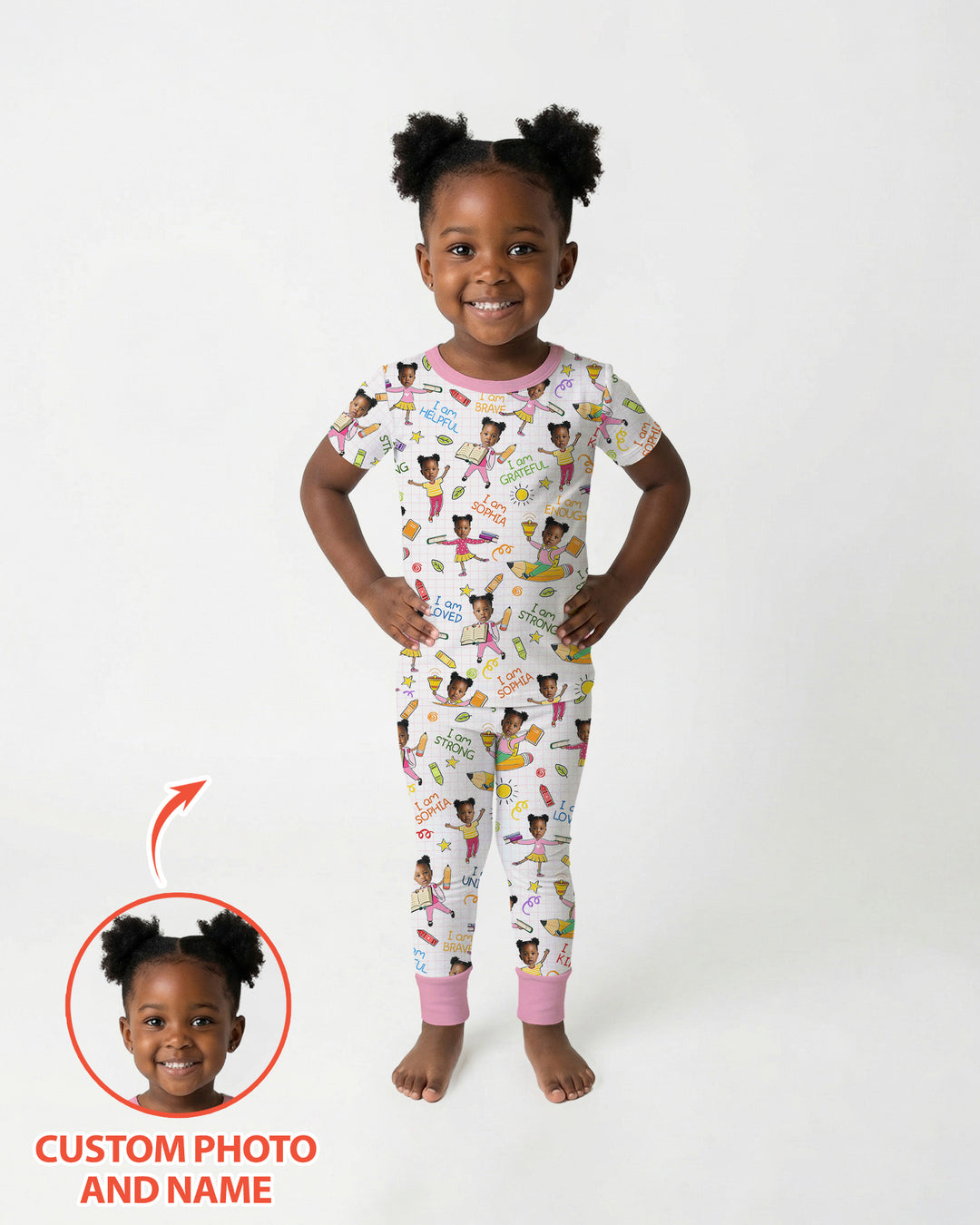 Custom Photo Kid Affirmations I Am Kind Bamboo Two Piece Short Sleeve Pajama Set