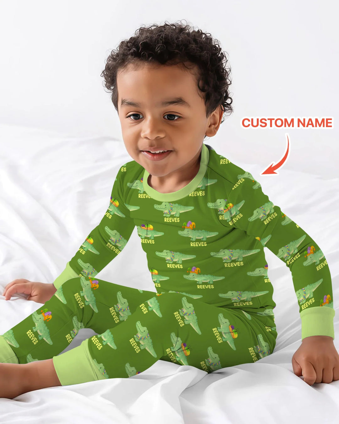 Custom Name Mardi Gras Gator Two Piece Long Sleeve Pajama Set