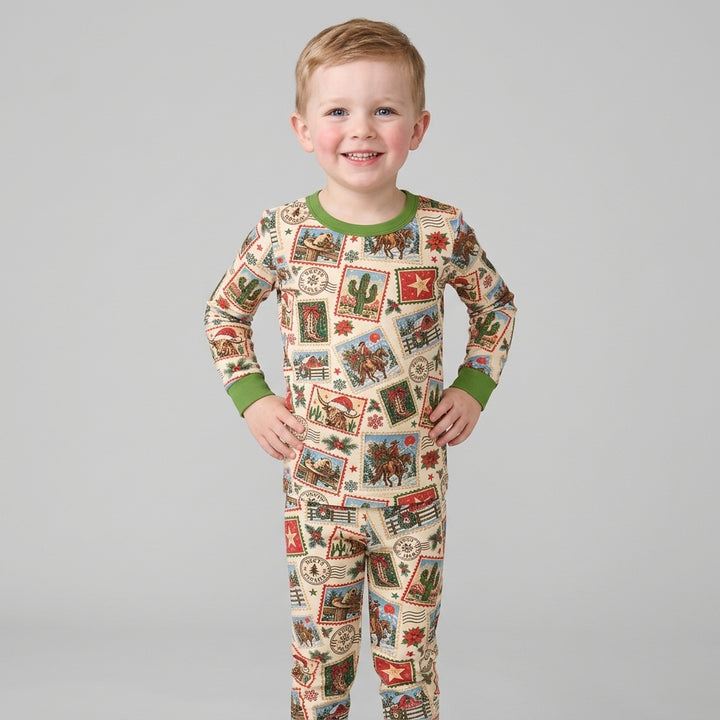 Western Christmas Stamps Bamboo Two Piece Long Sleeve Pajama Set