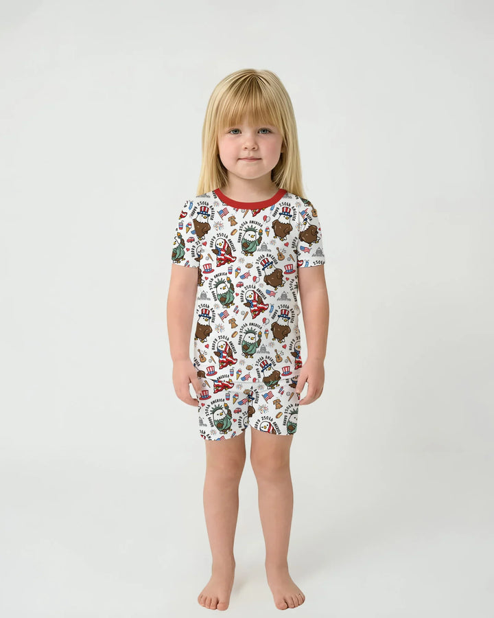 Happy 250th America Cute Patriotic Eagles Family Matching Bamboo Two Piece Short Sleeve Shorts Pajama Set