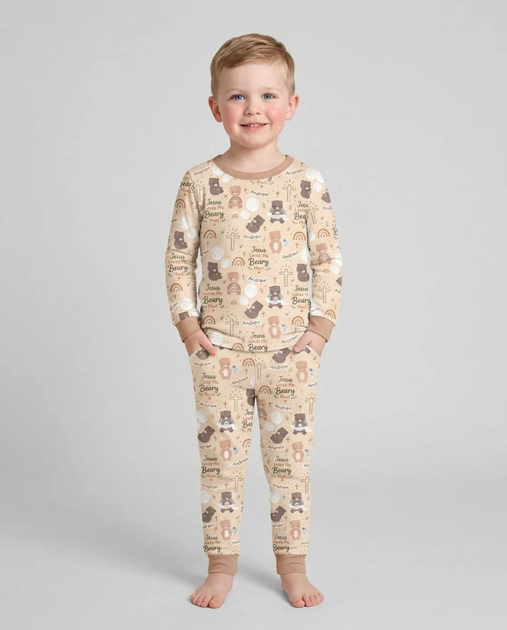 Custom Name Jesus Loves Me Beary Much Bamboo Two Piece Long Sleeve Pajama Set