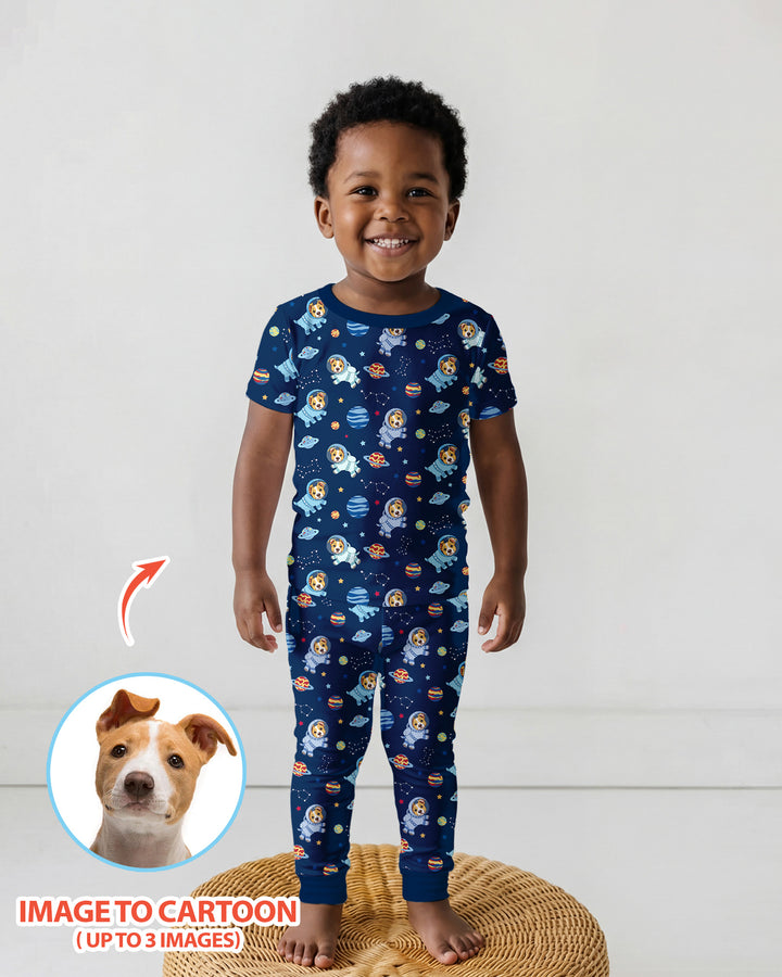 Astronaut Custom Pet Image Family Matching Bamboo Two Piece Short Sleeve Pajama Set
