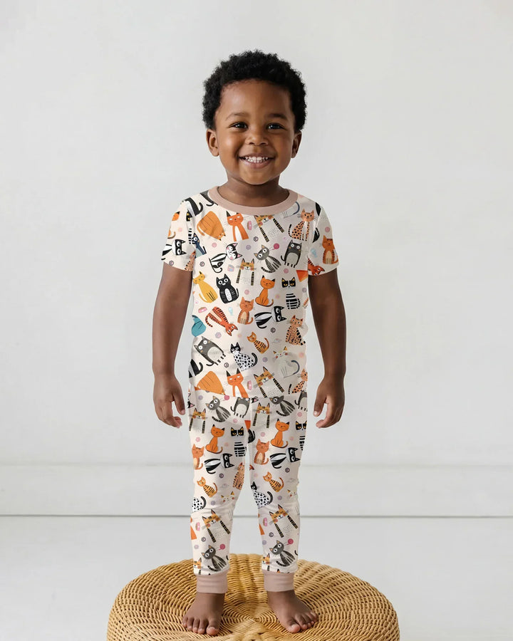 Goofy Mischief Cat Family Matching Bamboo Two Piece Short Sleeve Pajama Set