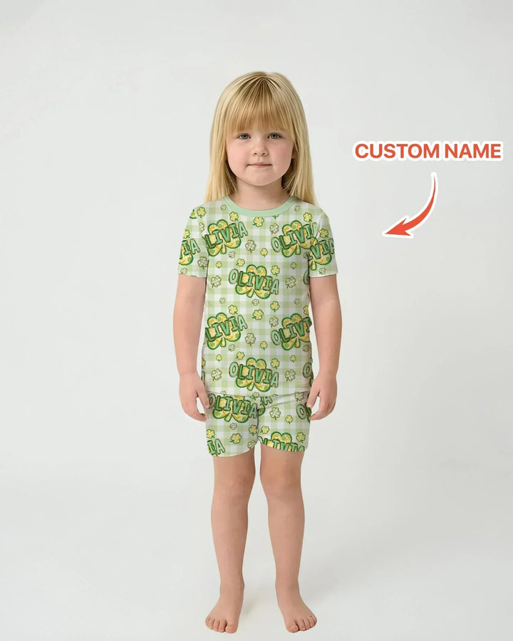 Lucky Shamrock Custom Name Two Piece Short Sleeve Shorts Pajama Set