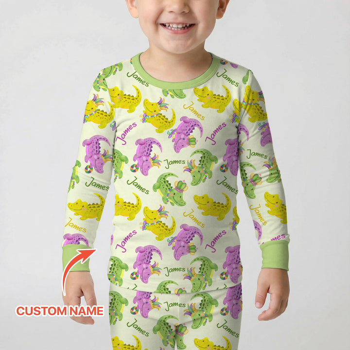 Custom Name Mardi Gras Alligator Two Piece Long Sleeve Pajama Set