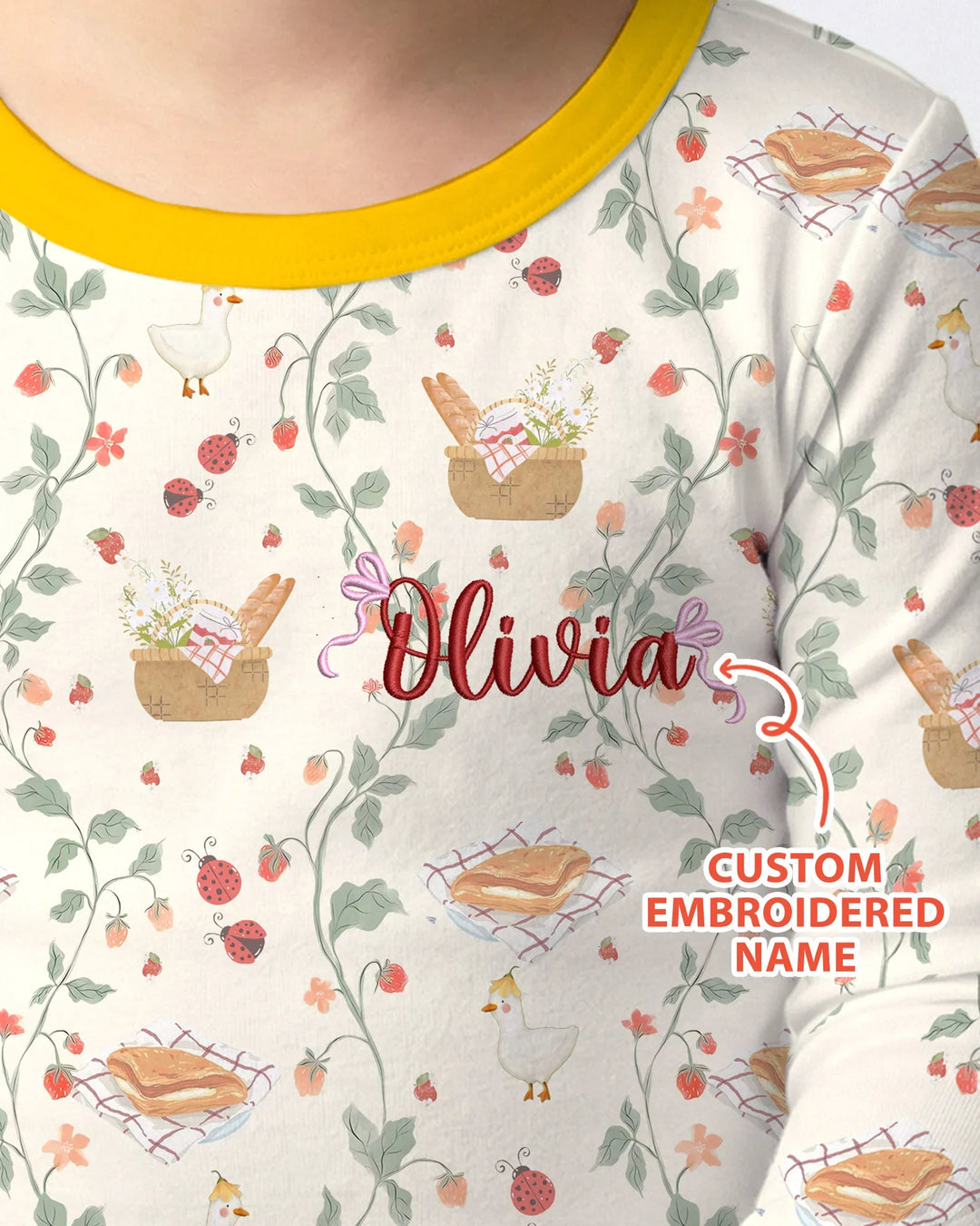 Custom Name Embroidered Picnic Time Bamboo Two Piece Long Sleeve Pajama Set