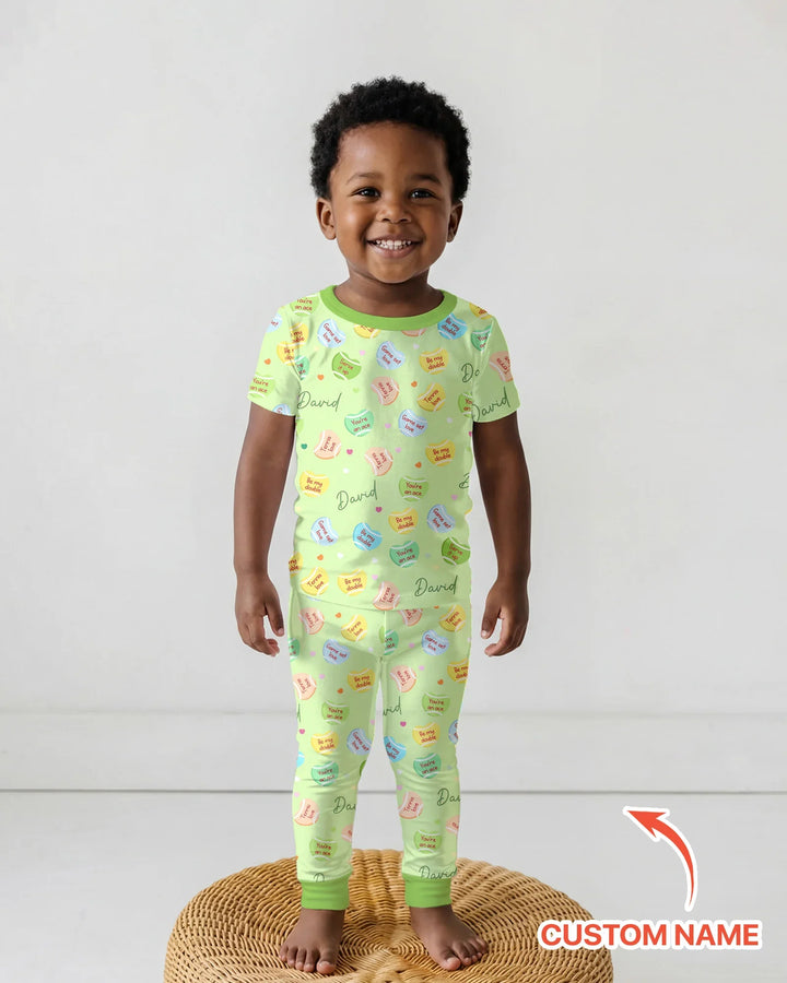 Custom Name Tennis Candy Hearts Bamboo Two Piece Short Sleeve Pajama Set