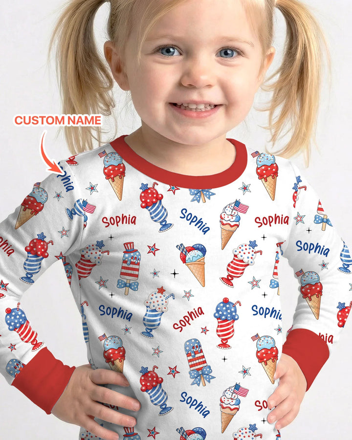 Custom Name Red, White & Ice Cream Bamboo Two Piece Long Sleeve Pajama Set