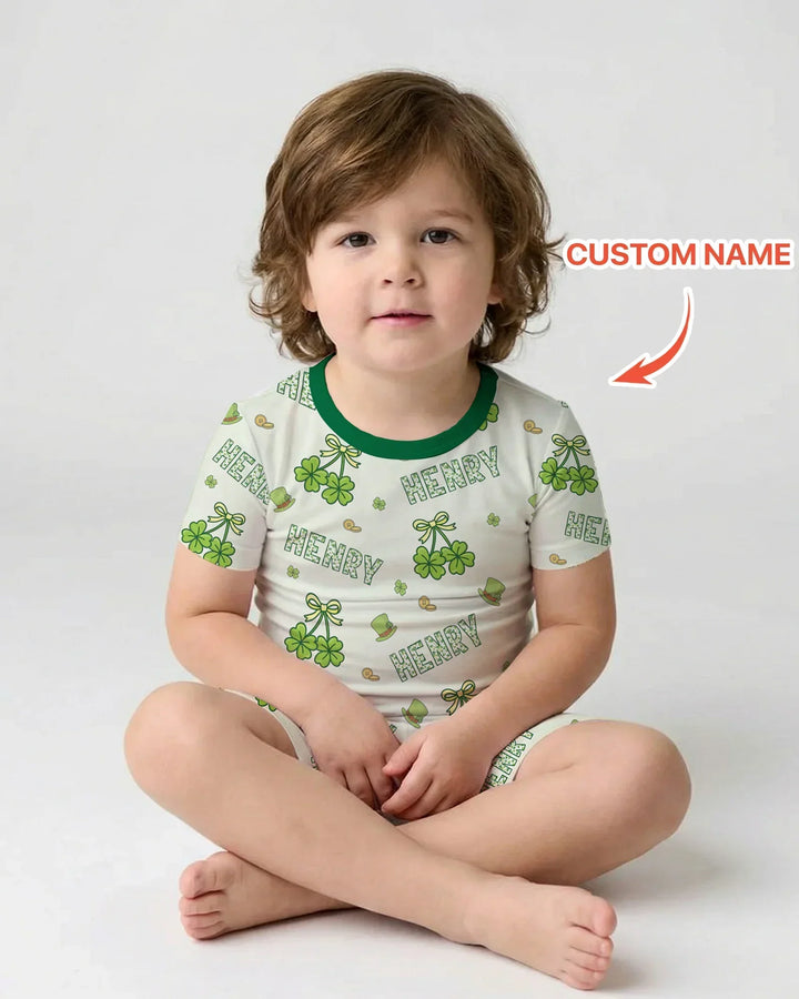 Custom Name Lucky Little Shamrock Two Piece Short Sleeve Shorts Pajama Set